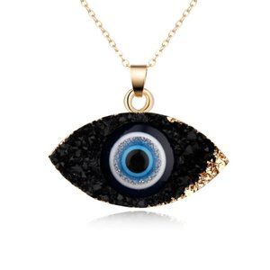 Gold Black Raw Druzy Stone Evil Eye Boho Necklace